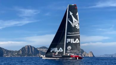 Photo of 16 May 2022 Add to downloads  Regata dei Tre Golfi – Maserati Multi 70 and Giovanni Soldini cross the finish line in Capri first at the end of  a gruelling head-to-head with Mana