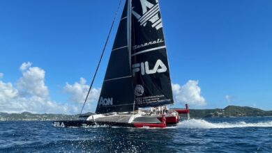 Photo of Maserati Multi70 and Giovanni Soldini first at the finish line of the RORC Transatlantic Race: It is a record